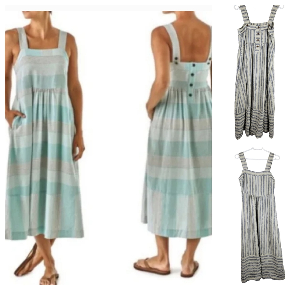 Patagonia Linen Garden Island Stripe Blue Maxi Dress Size Small